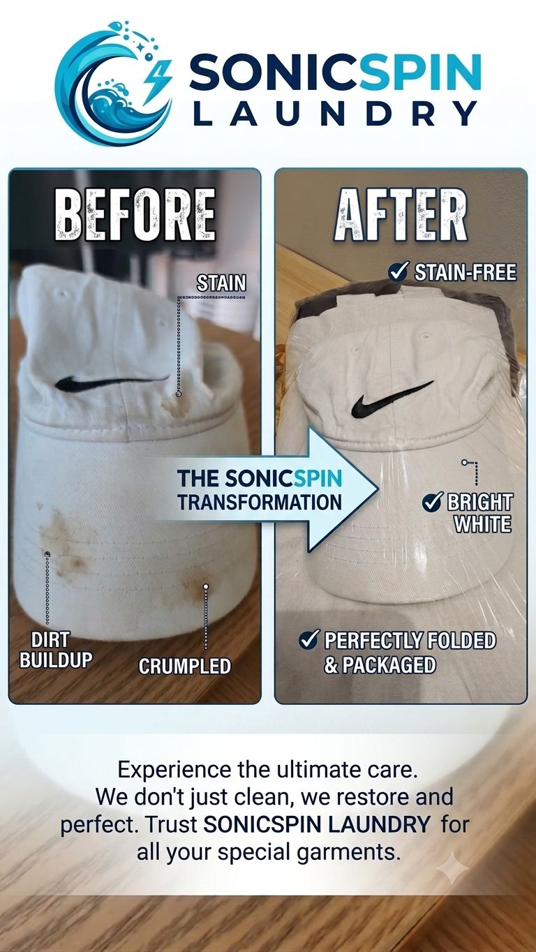 White cap before and after cleaning — stains removed, bright white