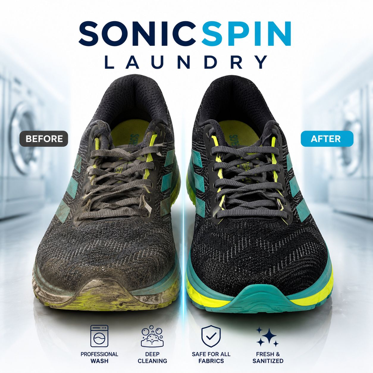 Trail running shoes — one still dirty, one deep-cleaned by SonicSpin Laundry